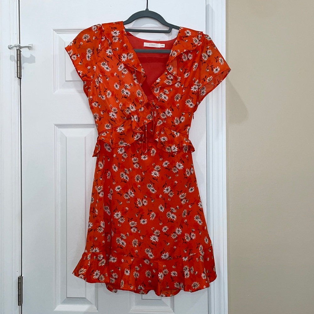 (NEVER WORN) Bright orange dress with flowers ties in the front - Picture 1 of 3